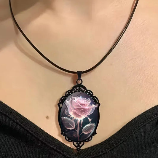 Charm Pink Flower Pendant Necklace Rose Pattern Glass Ellipse - A niche style suitable for Romantic Gifts and Special Occasions🏆