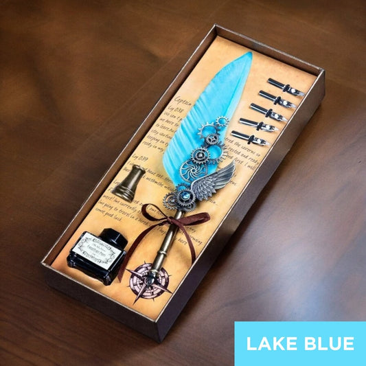 ✒️Blue Peacock Steampunk Wing Feather Dip Pen Set | Luxury Gift for Writers & Art Lovers🏆