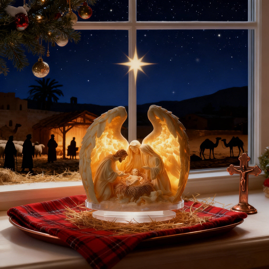 “Holy Family Angel-Wing Nativity” 2D Flat Acrylic Decor – A Glowing Tribute to Christmas