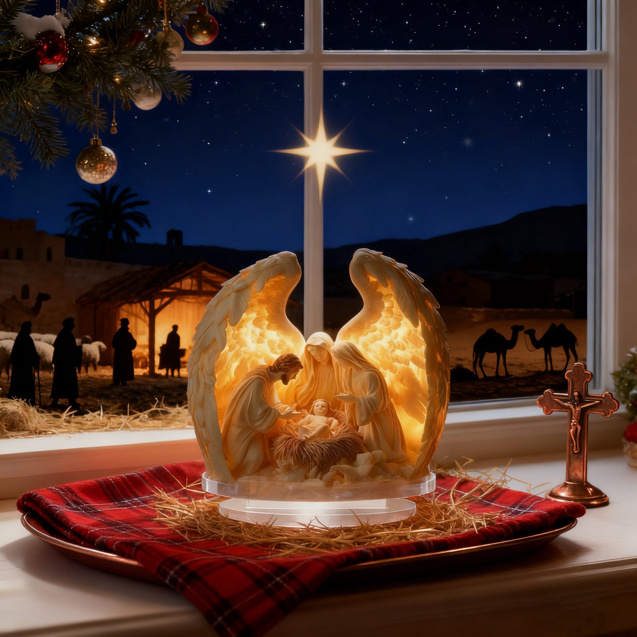 “Holy Family Angel-Wing Nativity” 2D Flat Acrylic Decor – A Glowing Tribute to Christmas