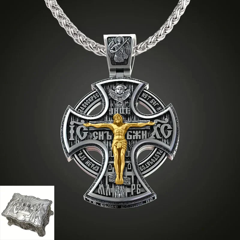 Double Sided 925 Sterling Silver Religious Pendant - Crucifixion of Christ & St. Michael Medal - Choose from 5 Chain Styles - Free Polishing Cloth