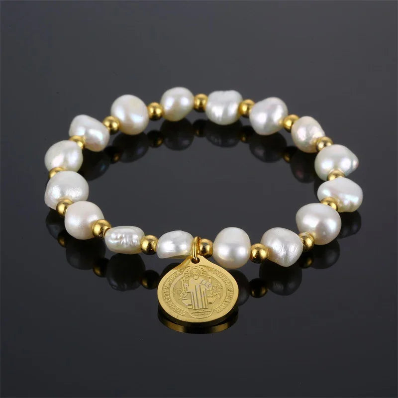 Saint Benedict Medal Irregular Pearl Bracelet - Adjustable Size