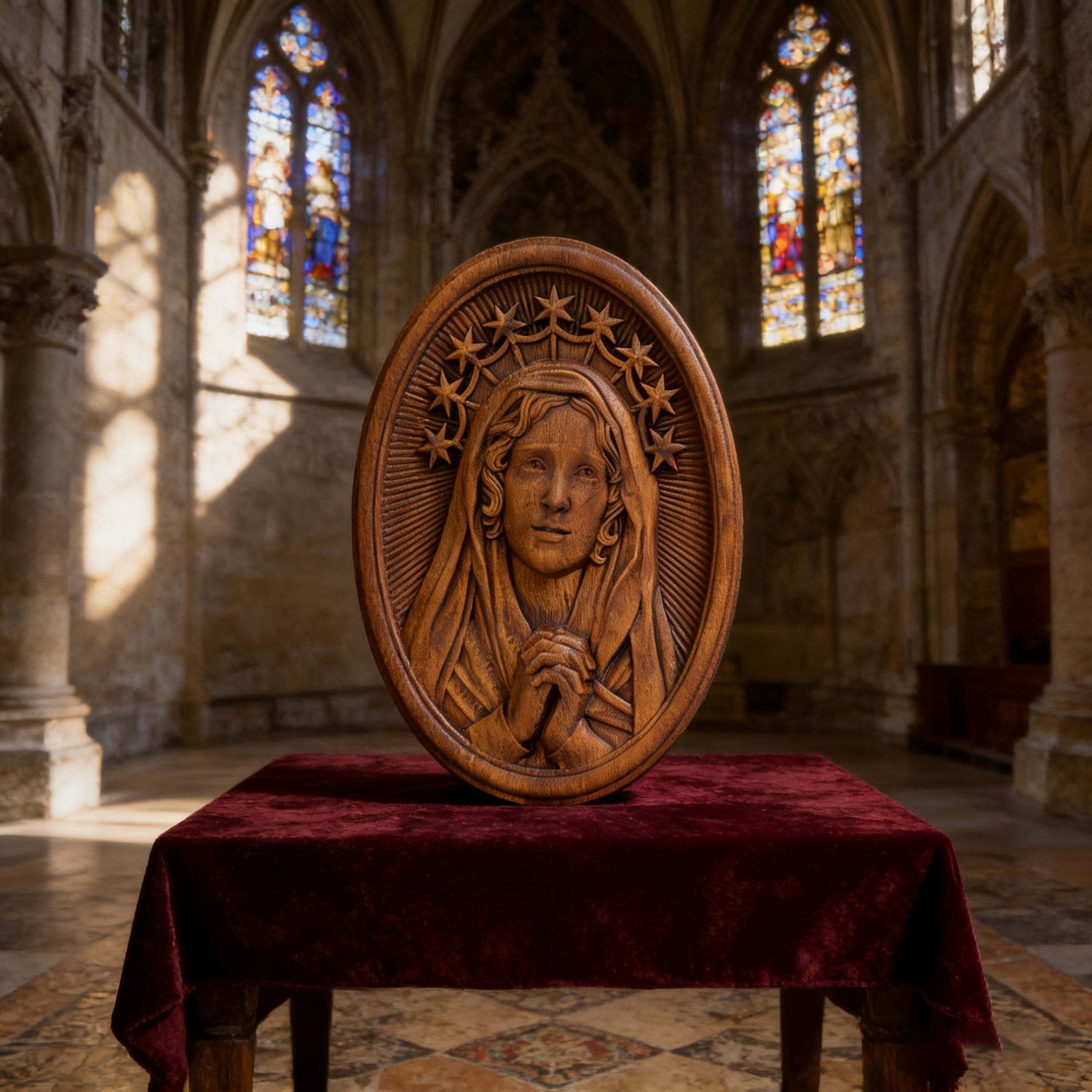 Our Lady in Tears and Prayer with a Nine-Star Halo — Hand-Carved Beechwood Statue