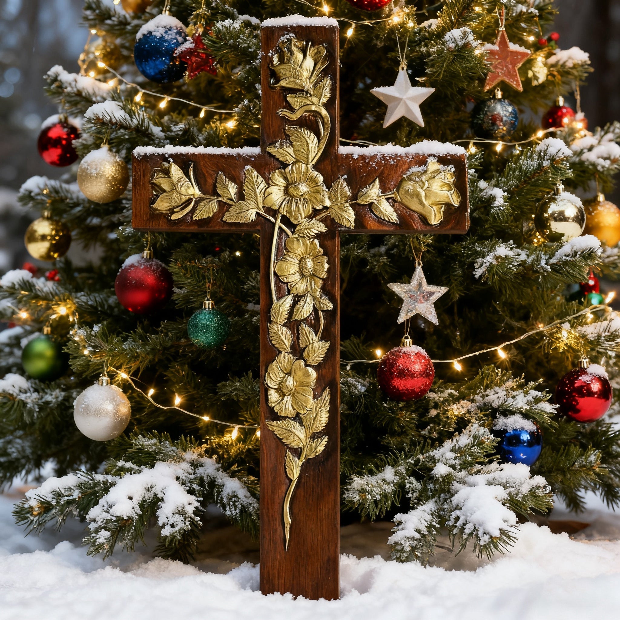 Hand-Carved Rose Cross Wall Art ✝️🌹 | Solid Beechwood Christian Decor with Golden Flowers