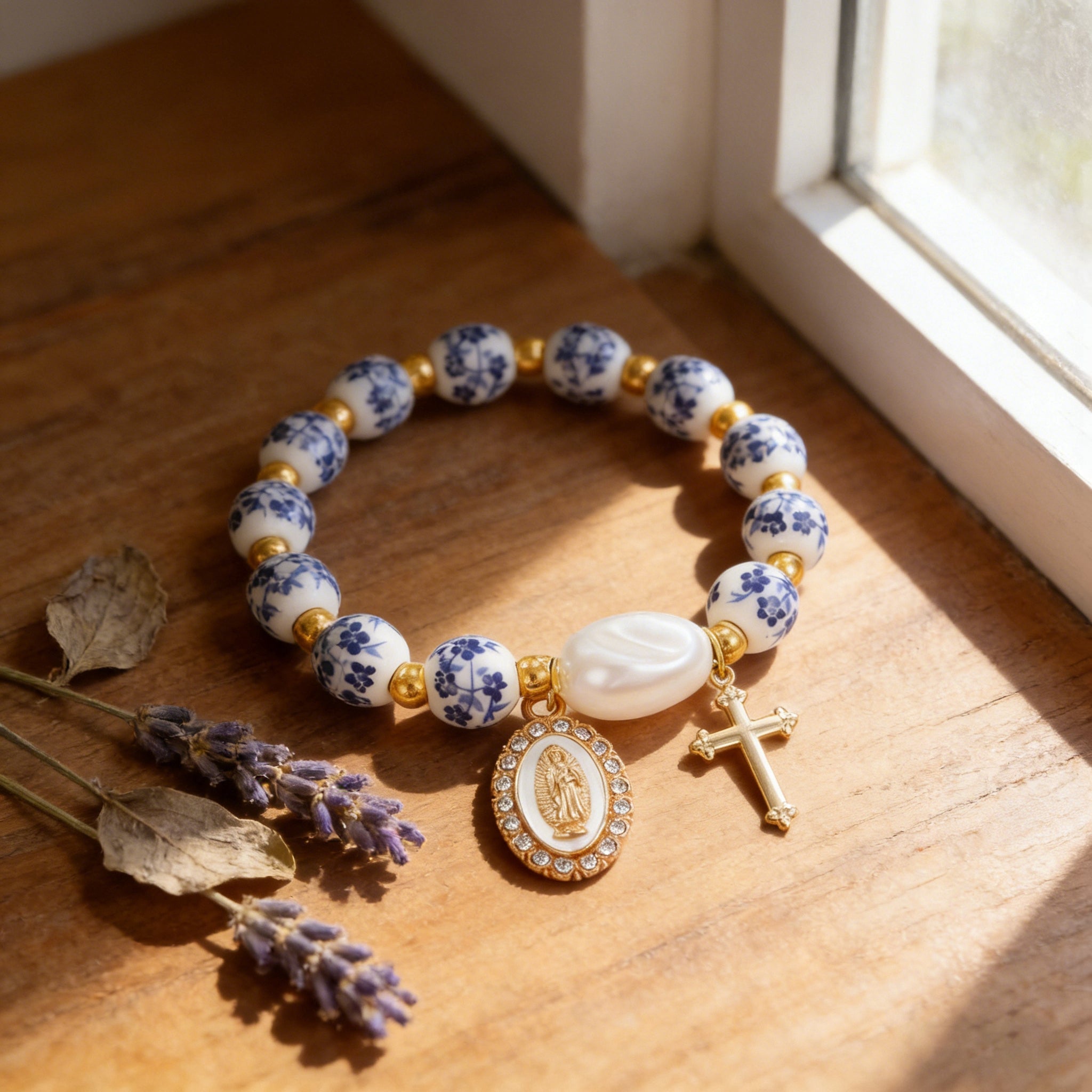 8mm Blue Floral Bead Our Lady Bracelet: Wearable Grace on Your Wrist