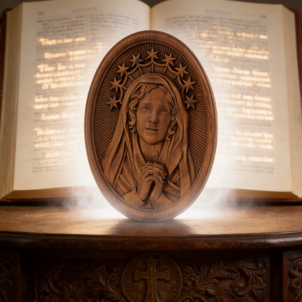 Our Lady in Tears and Prayer with a Nine-Star Halo — Hand-Carved Beechwood Statue