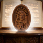Our Lady in Tears and Prayer with a Nine-Star Halo — Hand-Carved Beechwood Statue
