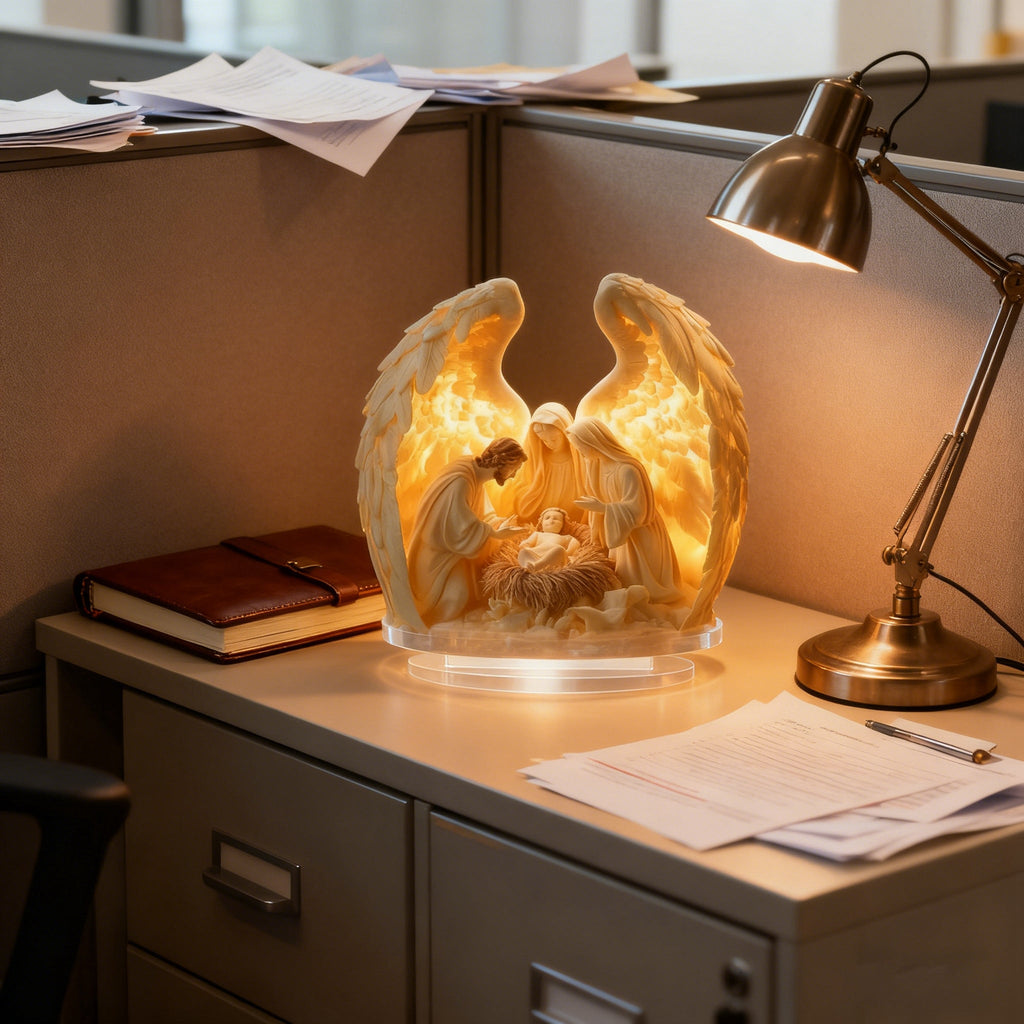 “Holy Family Angel-Wing Nativity” 2D Flat Acrylic Decor – A Glowing Tribute to Christmas