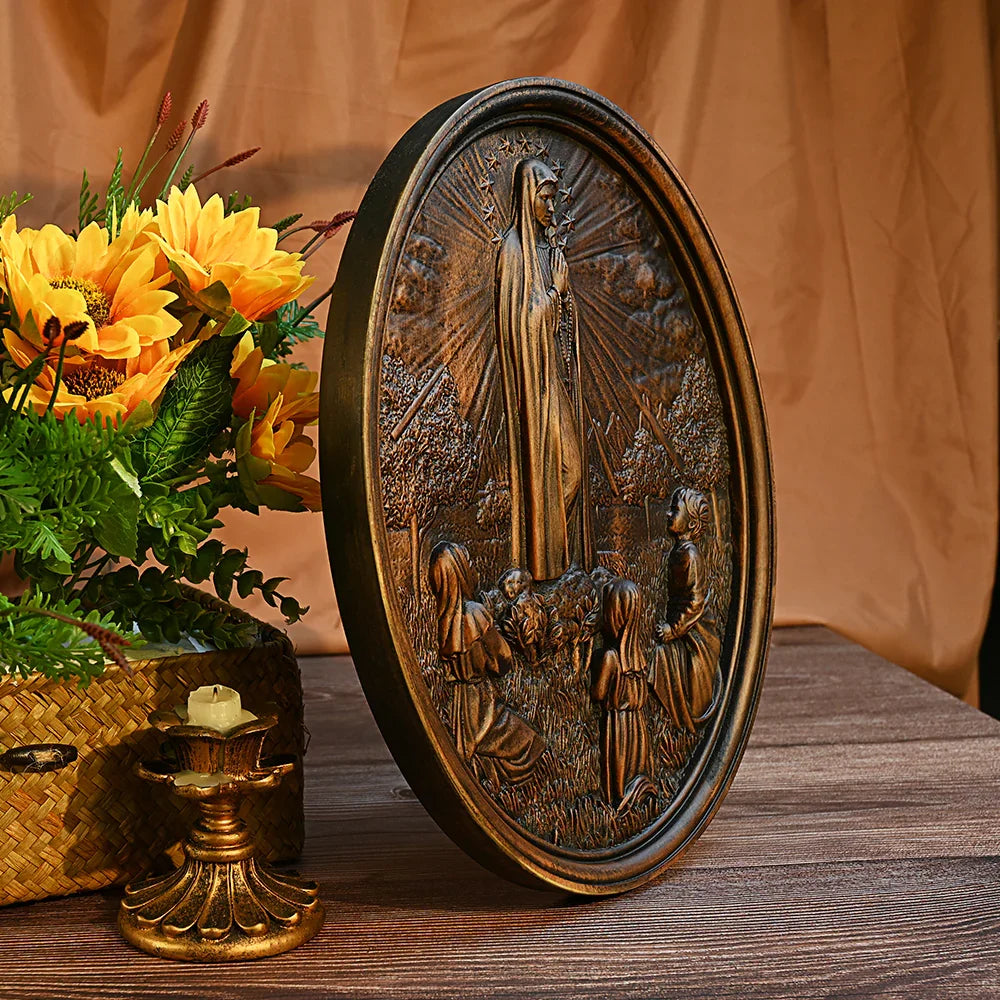 Our Lady of Fatima Wood Carving Decoration - Virgin Wall Pendant