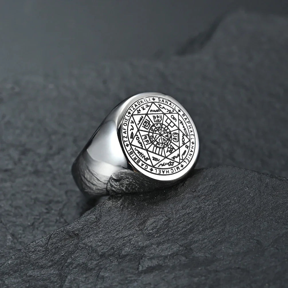 Vintage Titanium Seven Archangel Signet Ring - Amulet Against Evil Eyes, Curses, Spells