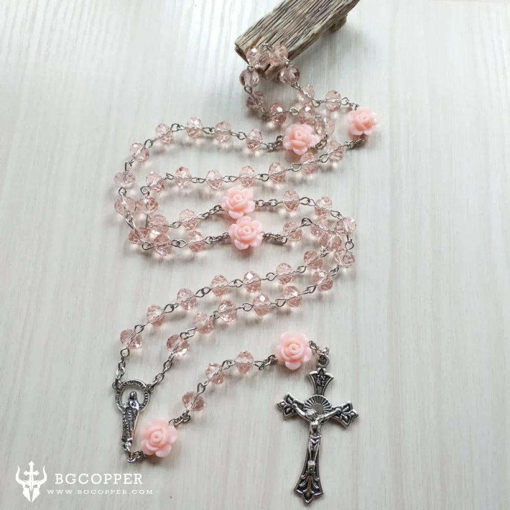 Pink Crystal Beads Rosary Catholic Necklace