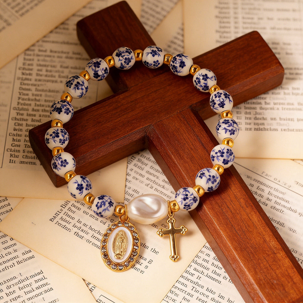 8mm Blue Floral Bead Our Lady Bracelet: Wearable Grace on Your Wrist