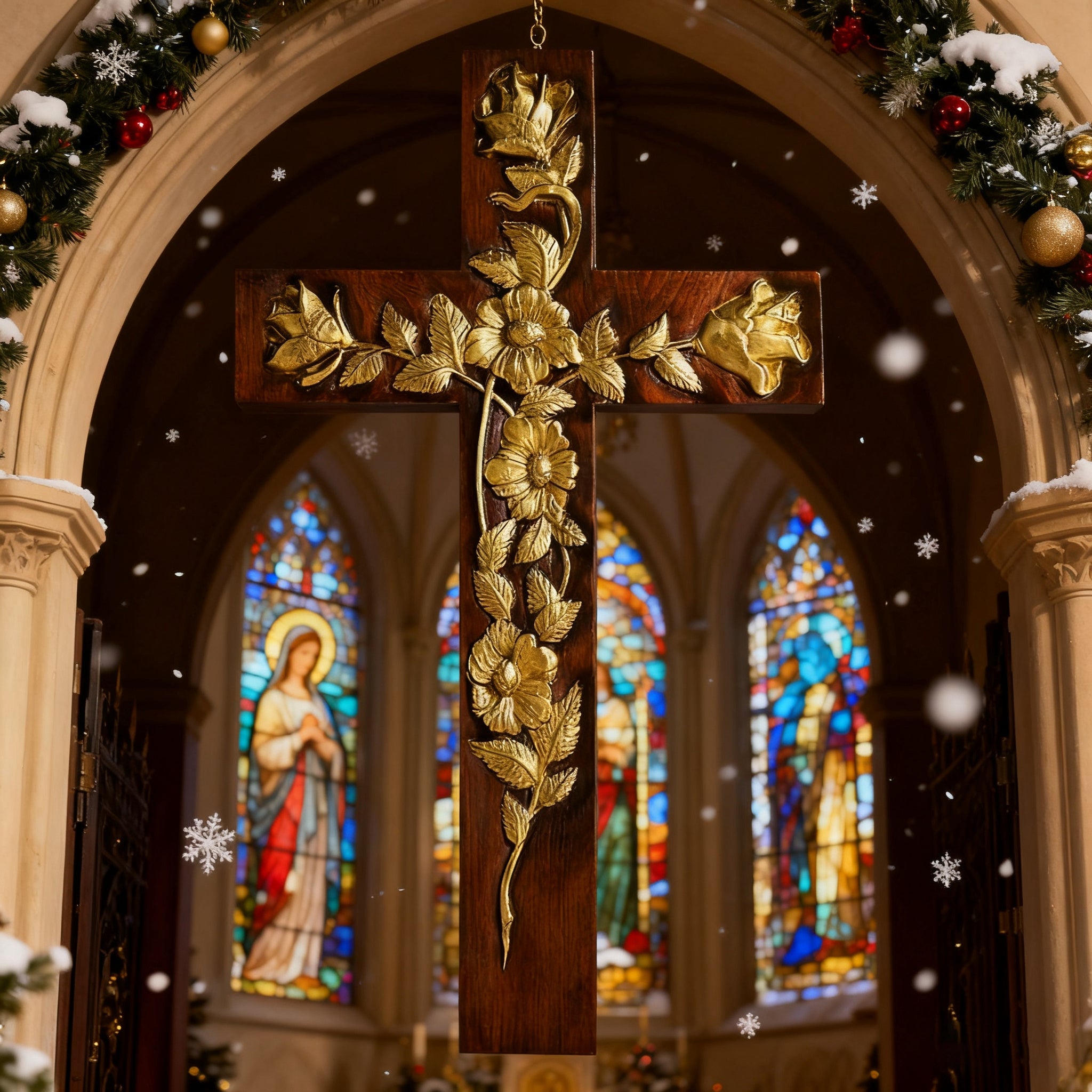 Hand-Carved Rose Cross Wall Art ✝️🌹 | Solid Beechwood Christian Decor with Golden Flowers