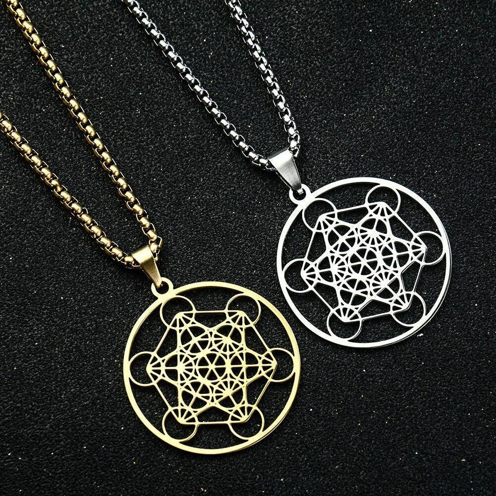 Stainless Steel Metatron's Cube Necklace Pendant Sacred Geometry Amulet Jewelry