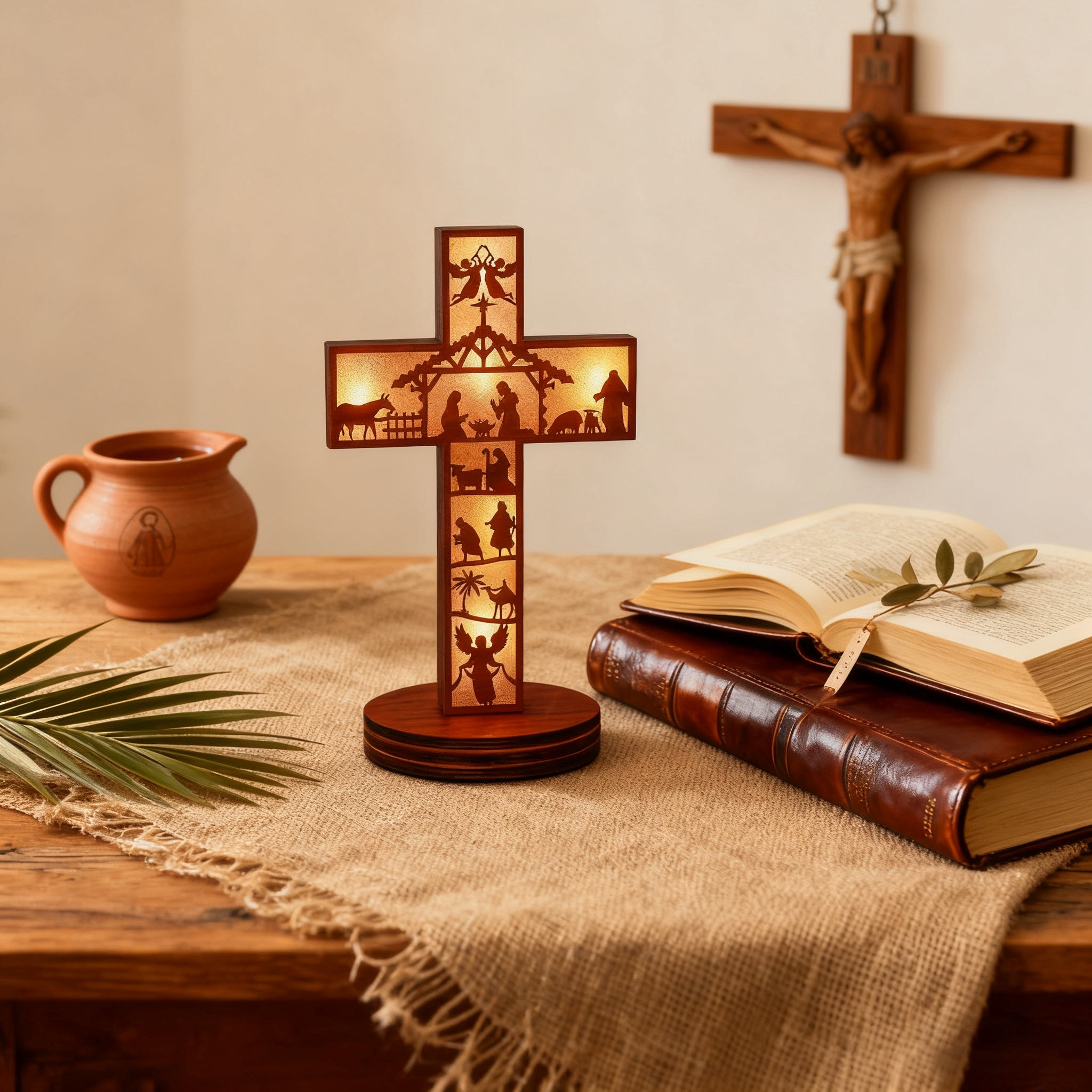 Boxwood LED Nativity Cross – The Light of Christ Shines Within