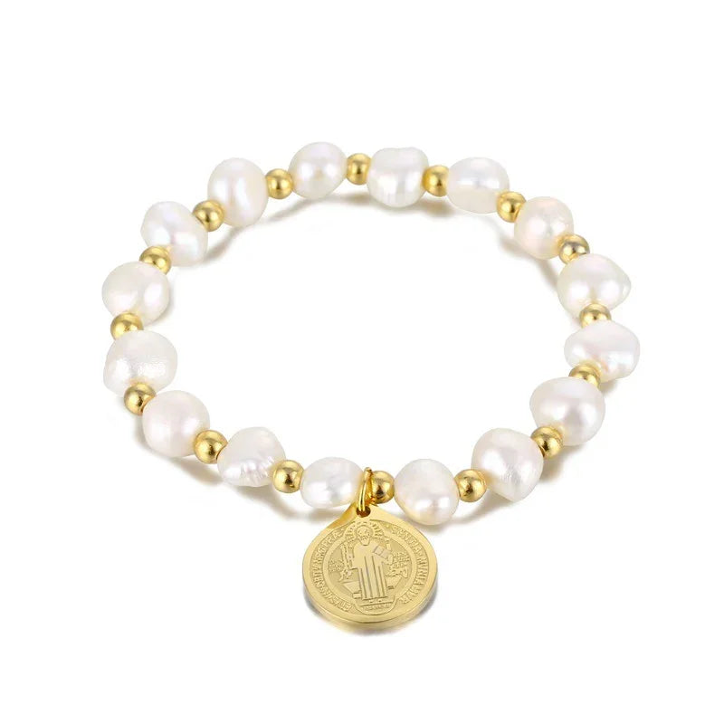 Saint Benedict Medal Irregular Pearl Bracelet - Adjustable Size