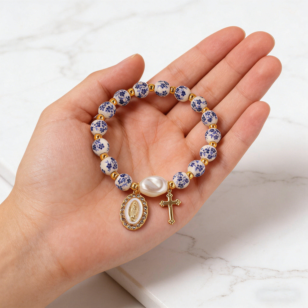8mm Blue Floral Bead Our Lady Bracelet: Wearable Grace on Your Wrist