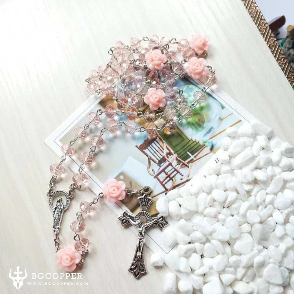Pink Crystal Beads Rosary Catholic Necklace