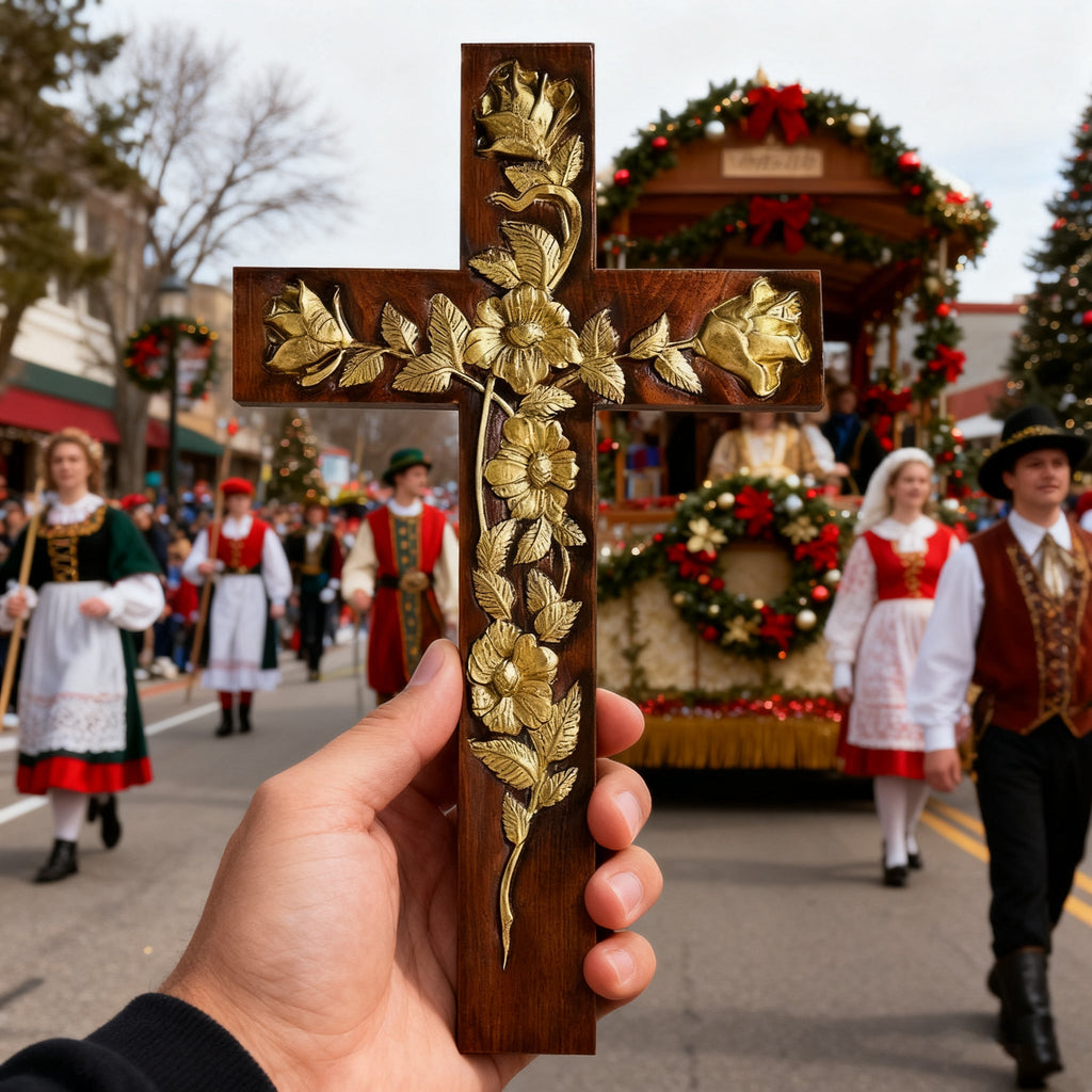 Hand-Carved Rose Cross Wall Art ✝️🌹 | Solid Beechwood Christian Decor with Golden Flowers