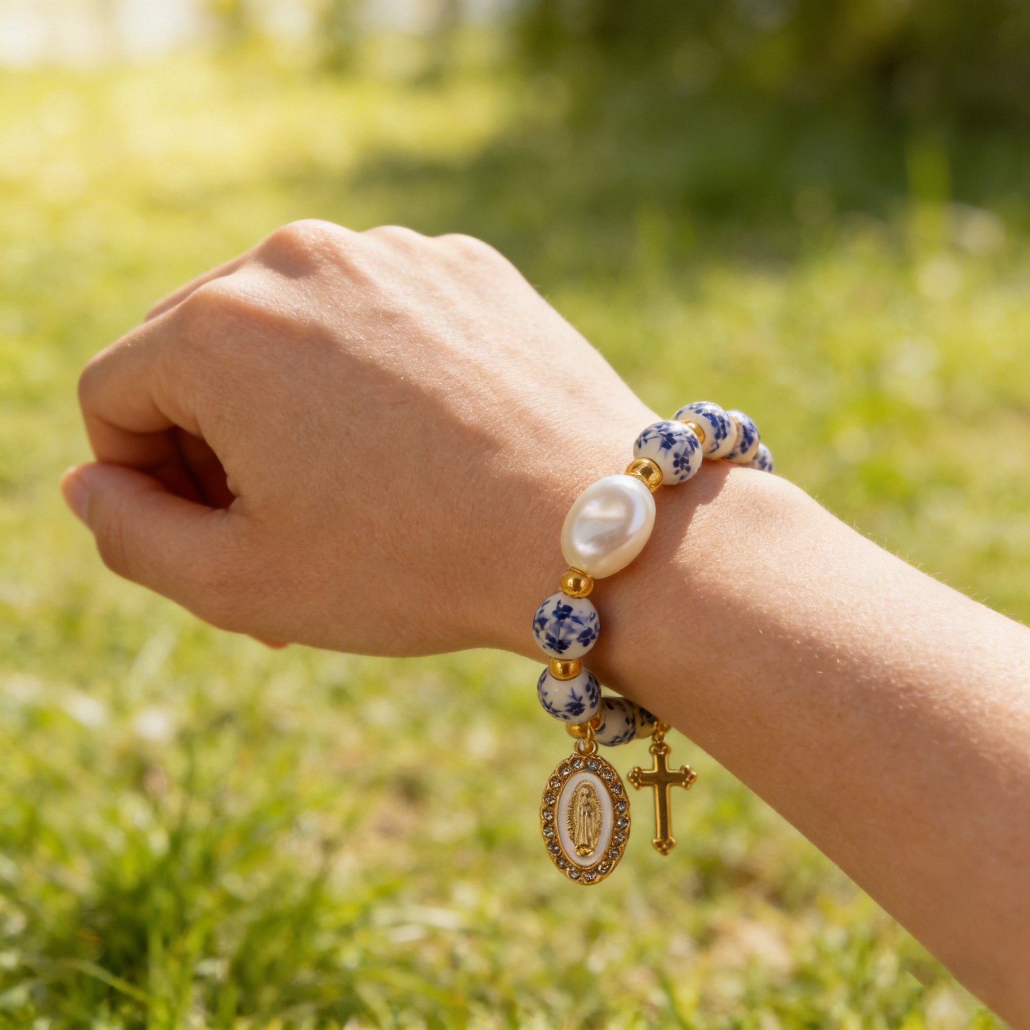 8mm Blue Floral Bead Our Lady Bracelet: Wearable Grace on Your Wrist