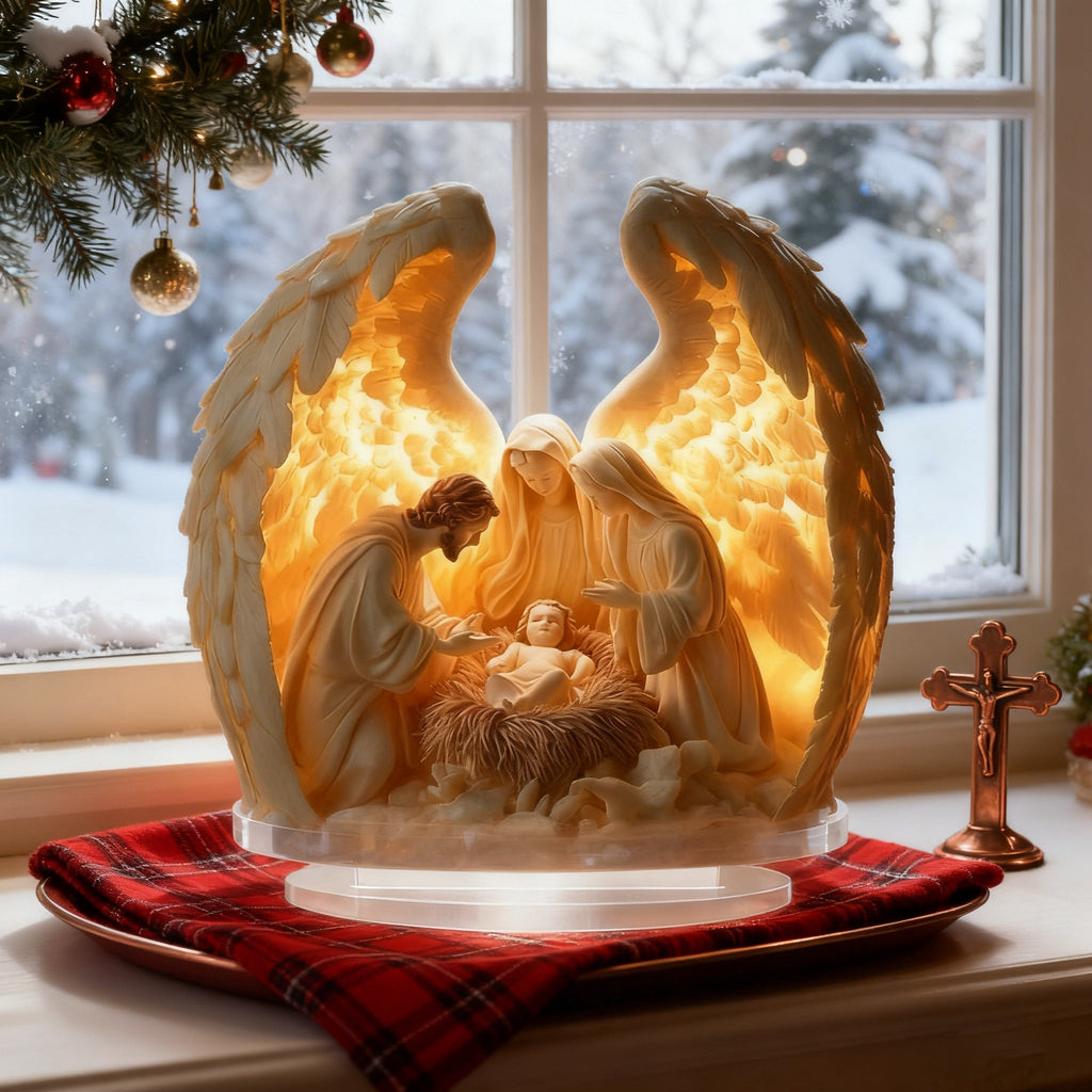 “Holy Family Angel-Wing Nativity” 2D Flat Acrylic Decor – A Glowing Tribute to Christmas