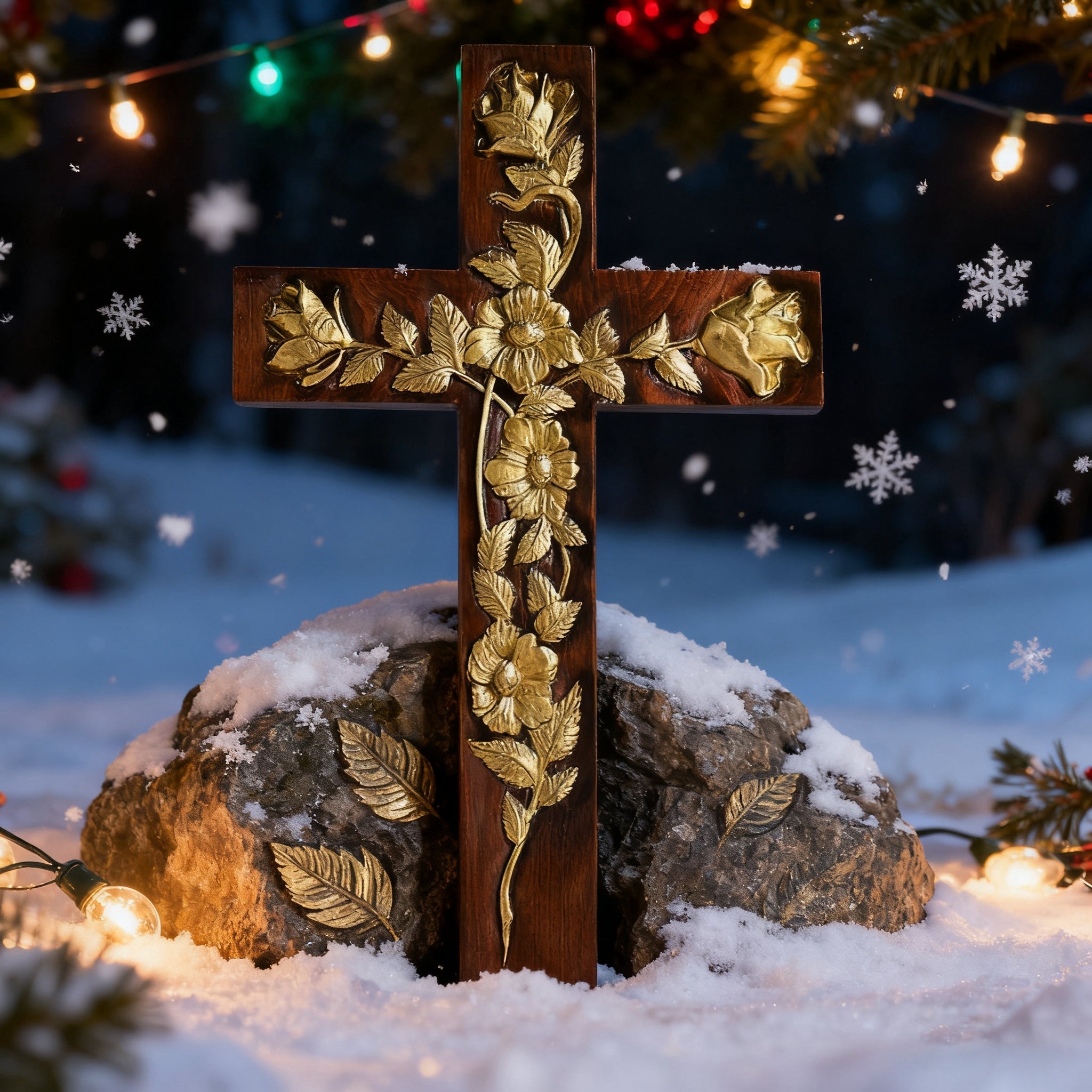 Hand-Carved Rose Cross Wall Art ✝️🌹 | Solid Beechwood Christian Decor with Golden Flowers