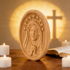 Our Lady in Tears and Prayer with a Nine-Star Halo — Hand-Carved Beechwood Statue