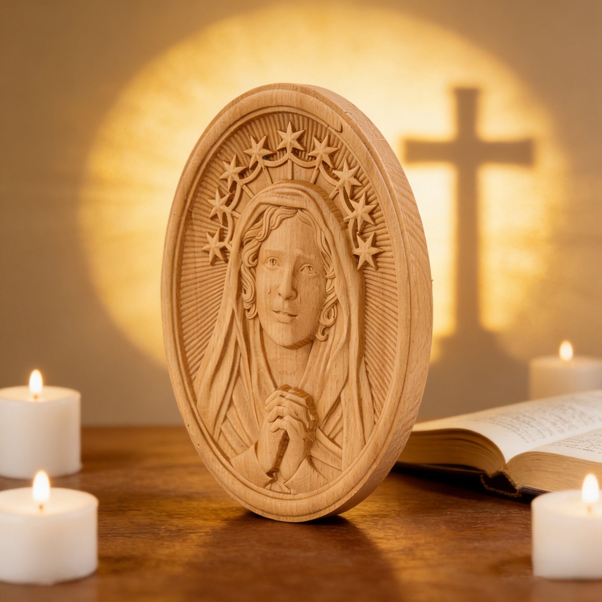 Our Lady in Tears and Prayer with a Nine-Star Halo — Hand-Carved Beechwood Statue