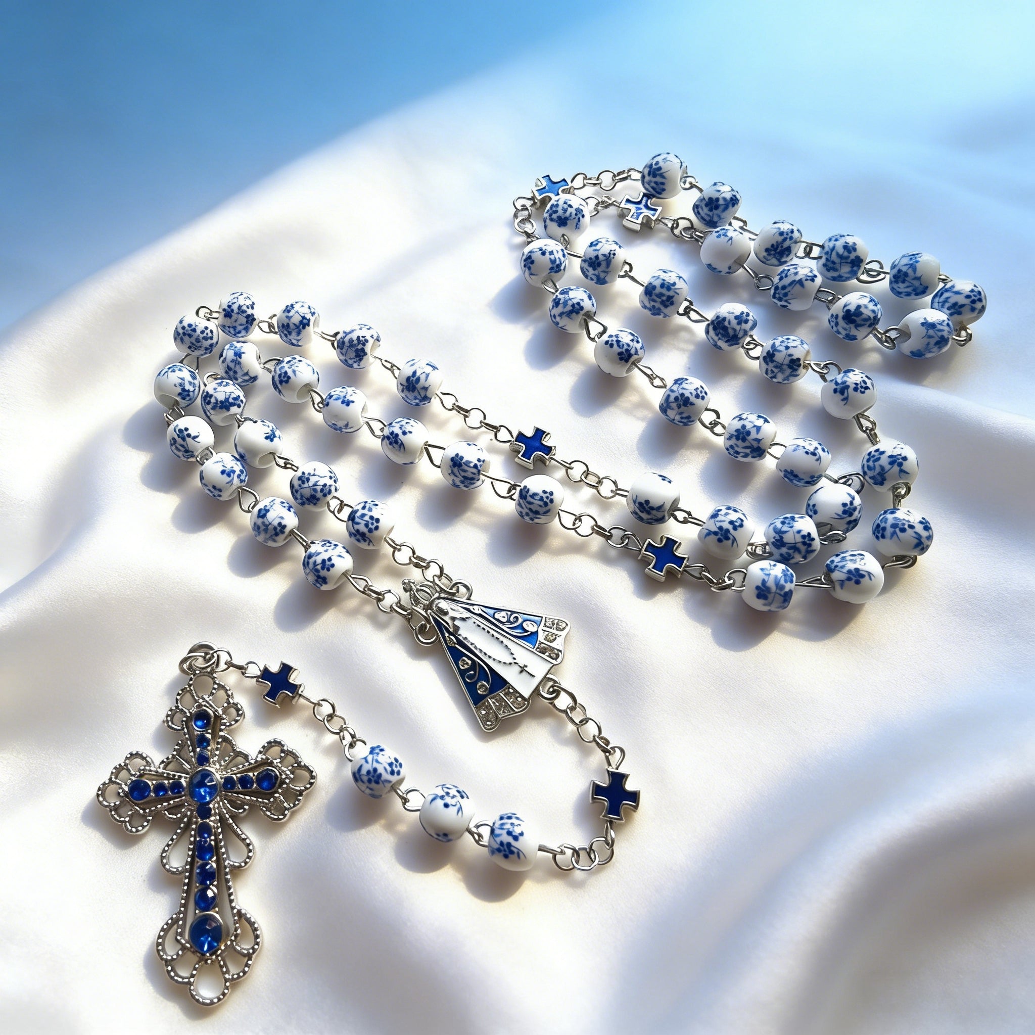Our Lady & Cross Rosary: 8mm Blue Floral Acrylic Beads with Alloy Chain