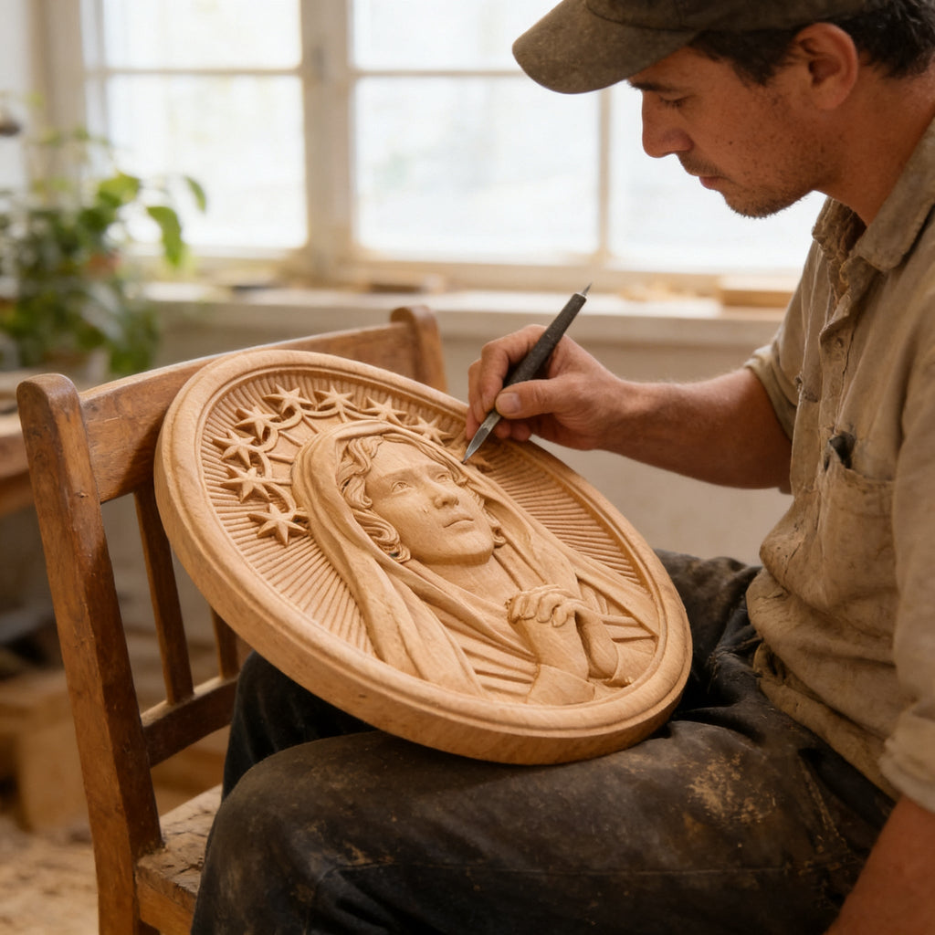 Our Lady in Tears and Prayer with a Nine-Star Halo — Hand-Carved Beechwood Statue