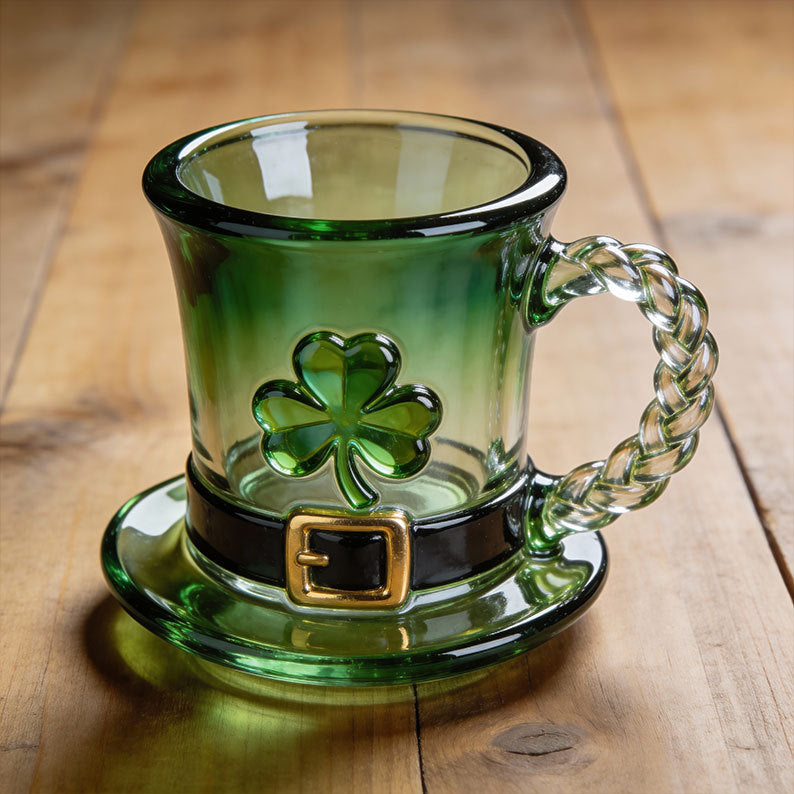 Lucky Shamrock Leprechaun Hat Glass Mug - 11oz Emerald Green Coffee Cup💋