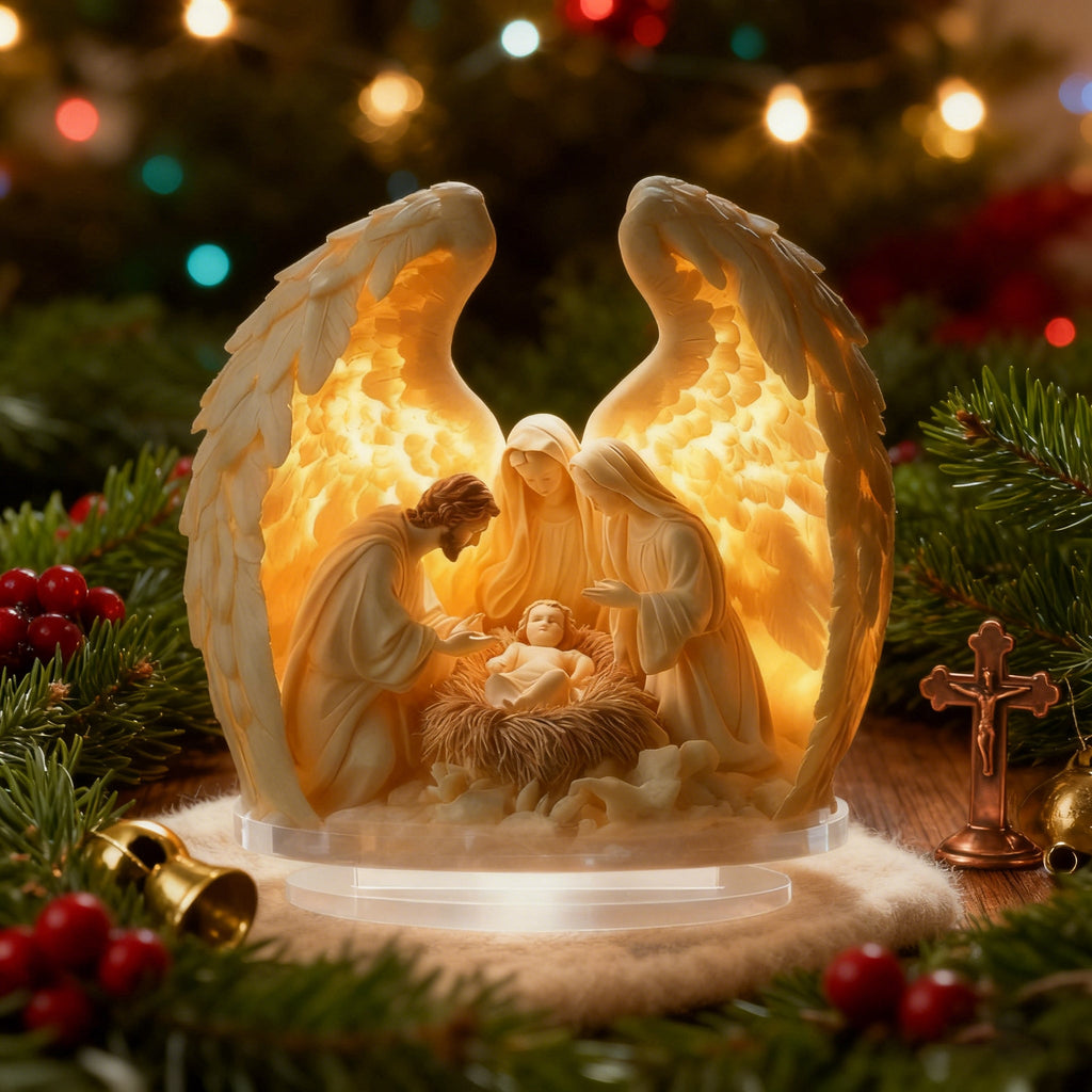 “Holy Family Angel-Wing Nativity” 2D Flat Acrylic Decor – A Glowing Tribute to Christmas