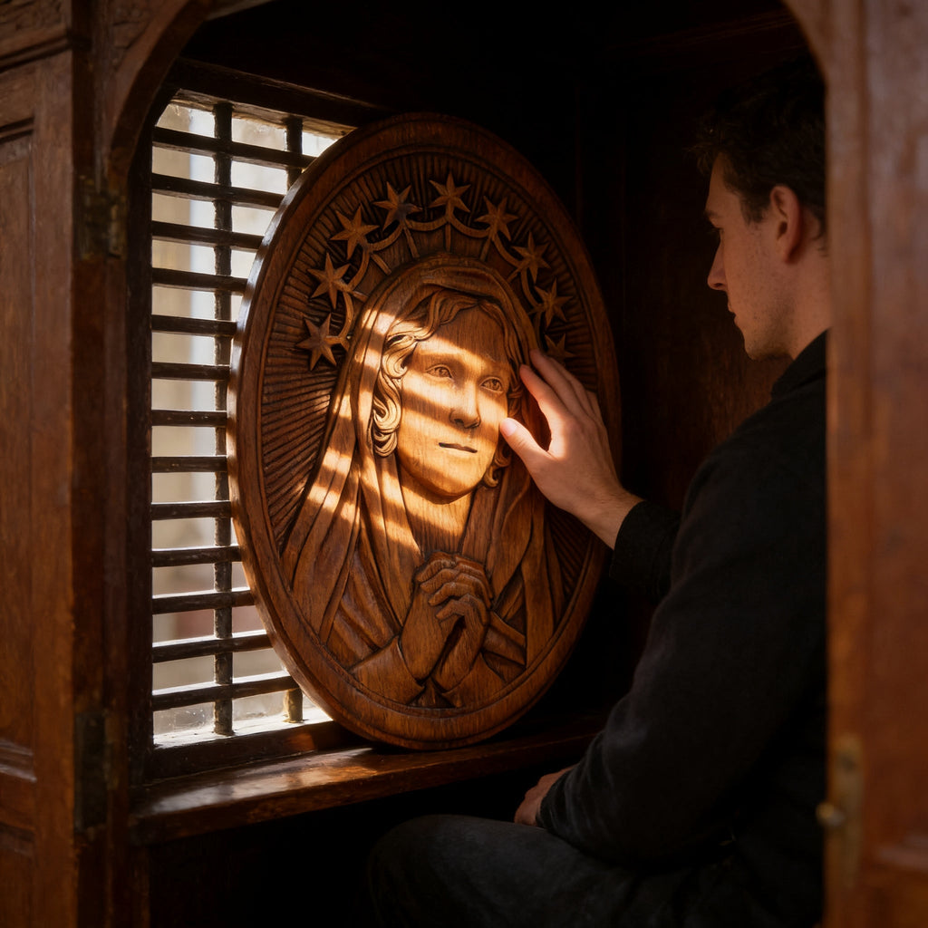Our Lady in Tears and Prayer with a Nine-Star Halo — Hand-Carved Beechwood Statue