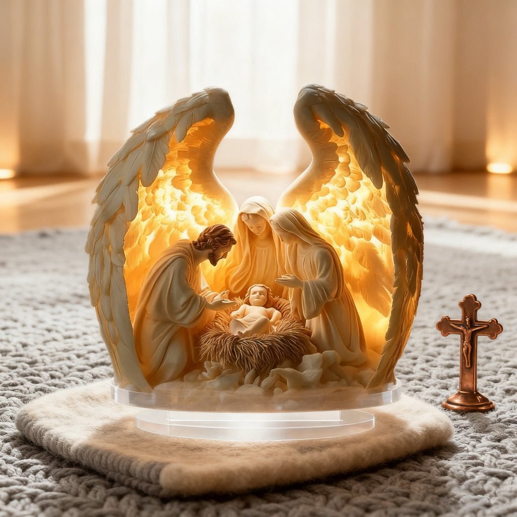 “Holy Family Angel-Wing Nativity” 2D Flat Acrylic Decor – A Glowing Tribute to Christmas