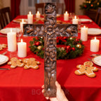 Hand-Carved Rose Cross Wall Art ✝️🌹 | Solid Beechwood Christian Decor with Golden Flowers