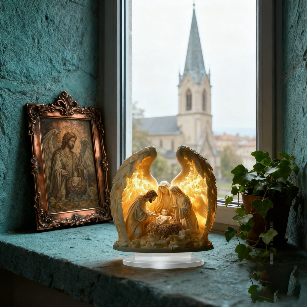 “Holy Family Angel-Wing Nativity” 2D Flat Acrylic Decor – A Glowing Tribute to Christmas