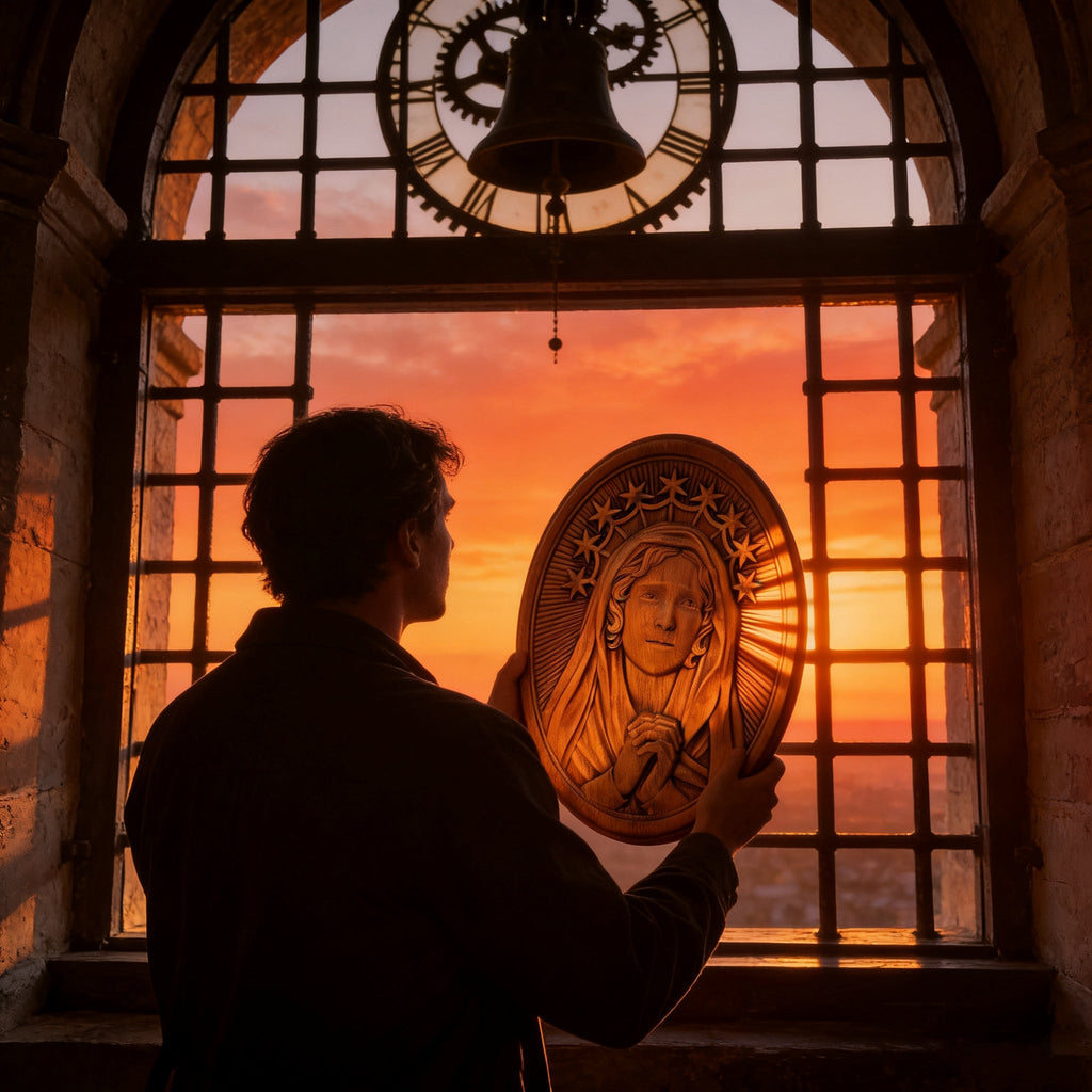 Our Lady in Tears and Prayer with a Nine-Star Halo — Hand-Carved Beechwood Statue