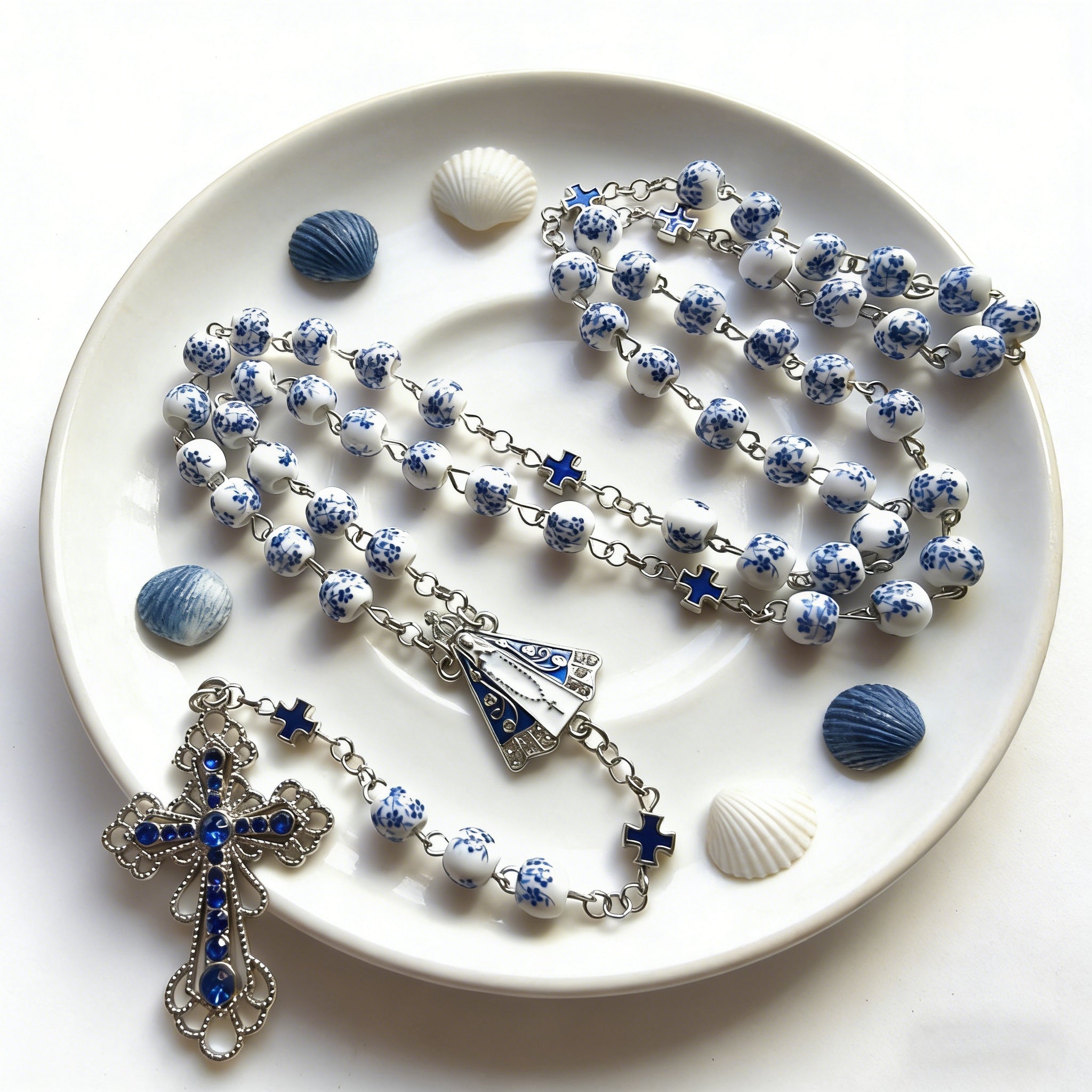 Our Lady & Cross Rosary: 8mm Blue Floral Acrylic Beads with Alloy Chain