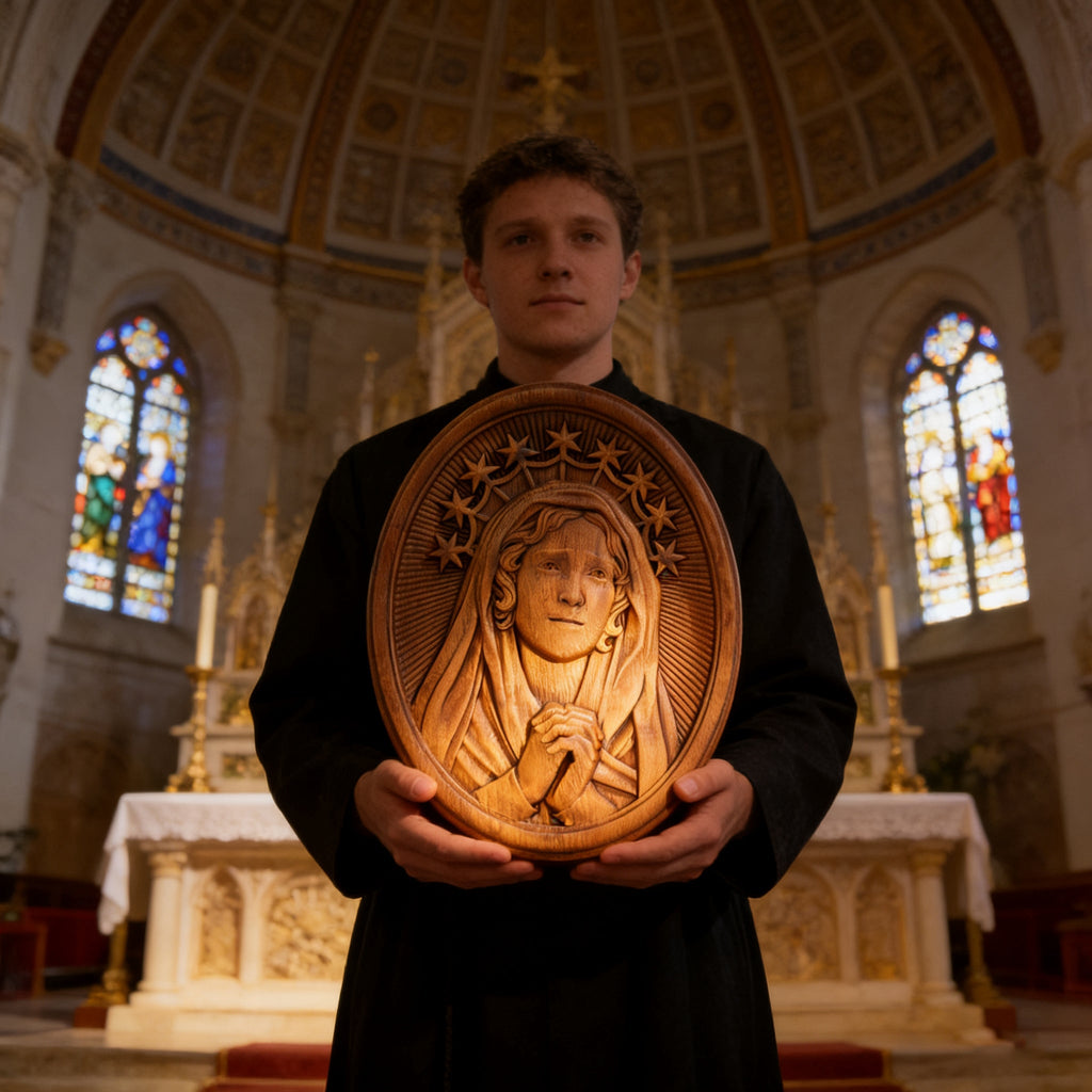 Our Lady in Tears and Prayer with a Nine-Star Halo — Hand-Carved Beechwood Statue