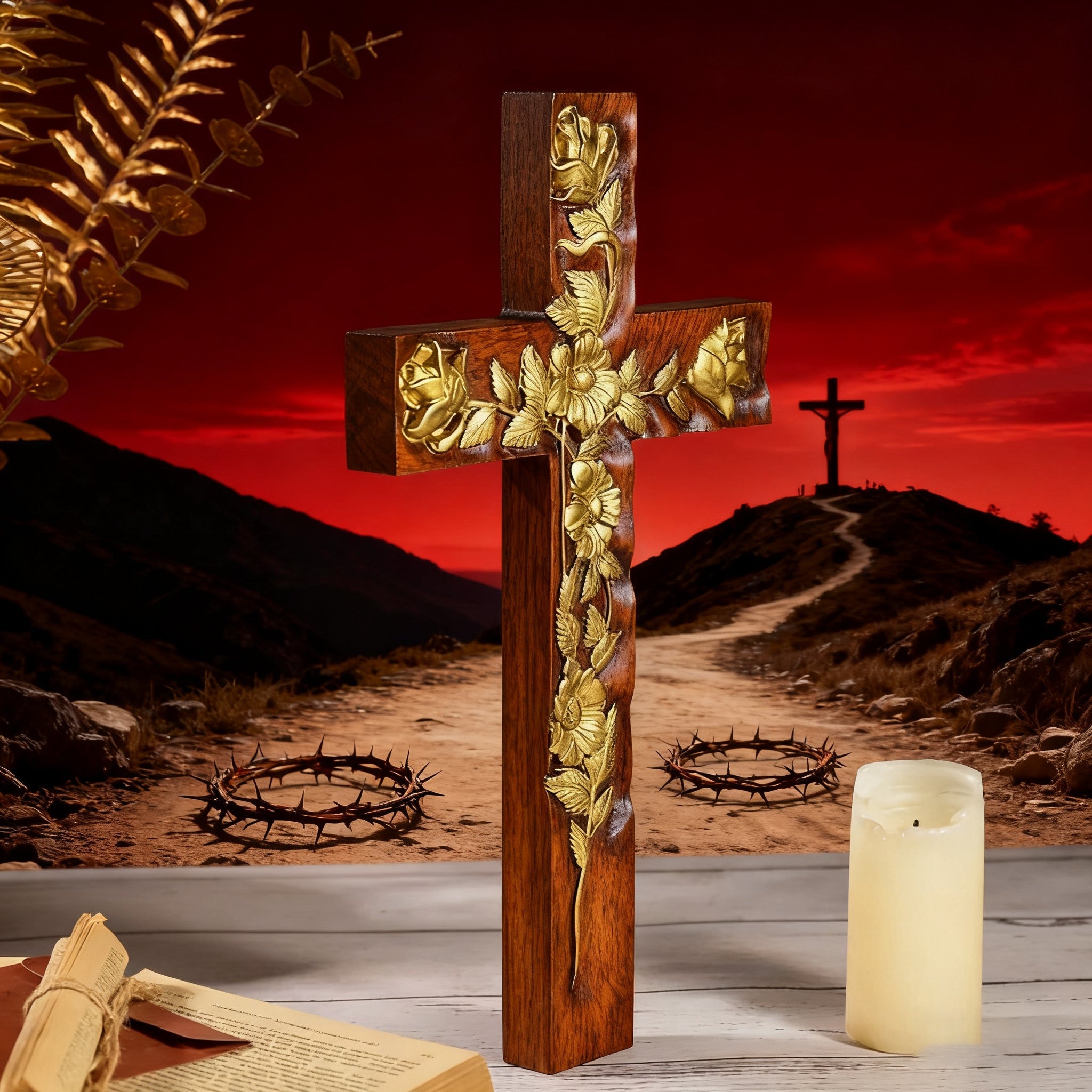 Hand-Carved Rose Cross Wall Art ✝️🌹 | Solid Beechwood Christian Decor with Golden Flowers