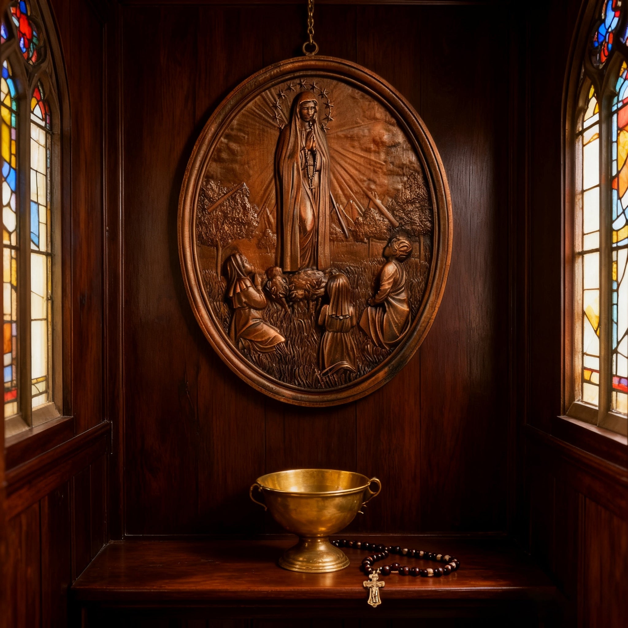 Our Lady of Fatima Wood Carving Decoration - Virgin Wall Pendant