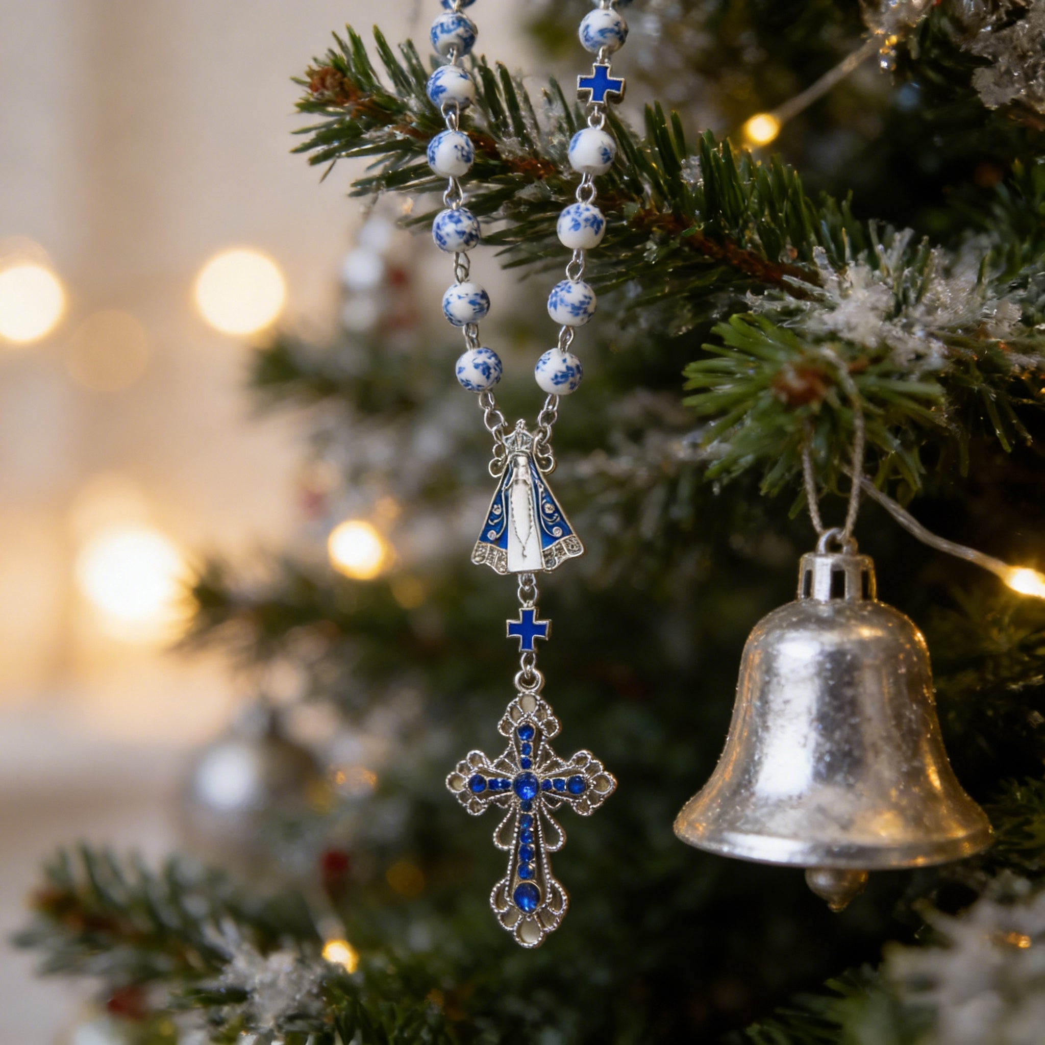 Our Lady & Cross Rosary: 8mm Blue Floral Acrylic Beads with Alloy Chain