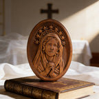 Our Lady in Tears and Prayer with a Nine-Star Halo — Hand-Carved Beechwood Statue