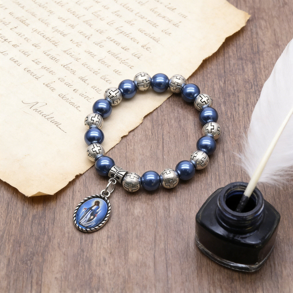Our Lady of Mary Pendant Royal Blue Pearl Rosary Bracelet: A Wrist-Worn Reminder of Grace