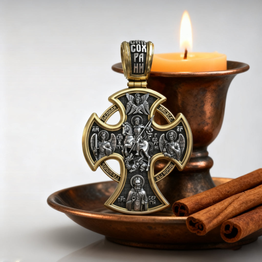 Double-sided S925k silver pendant depicting the Passion of Christ and St. George slaying the dragon.