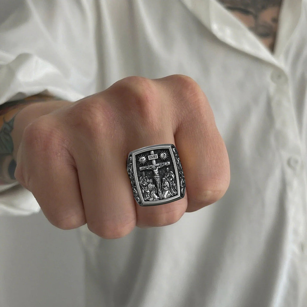 S925K Silver Handcrafted Jesus Crucifixion Scene Ring