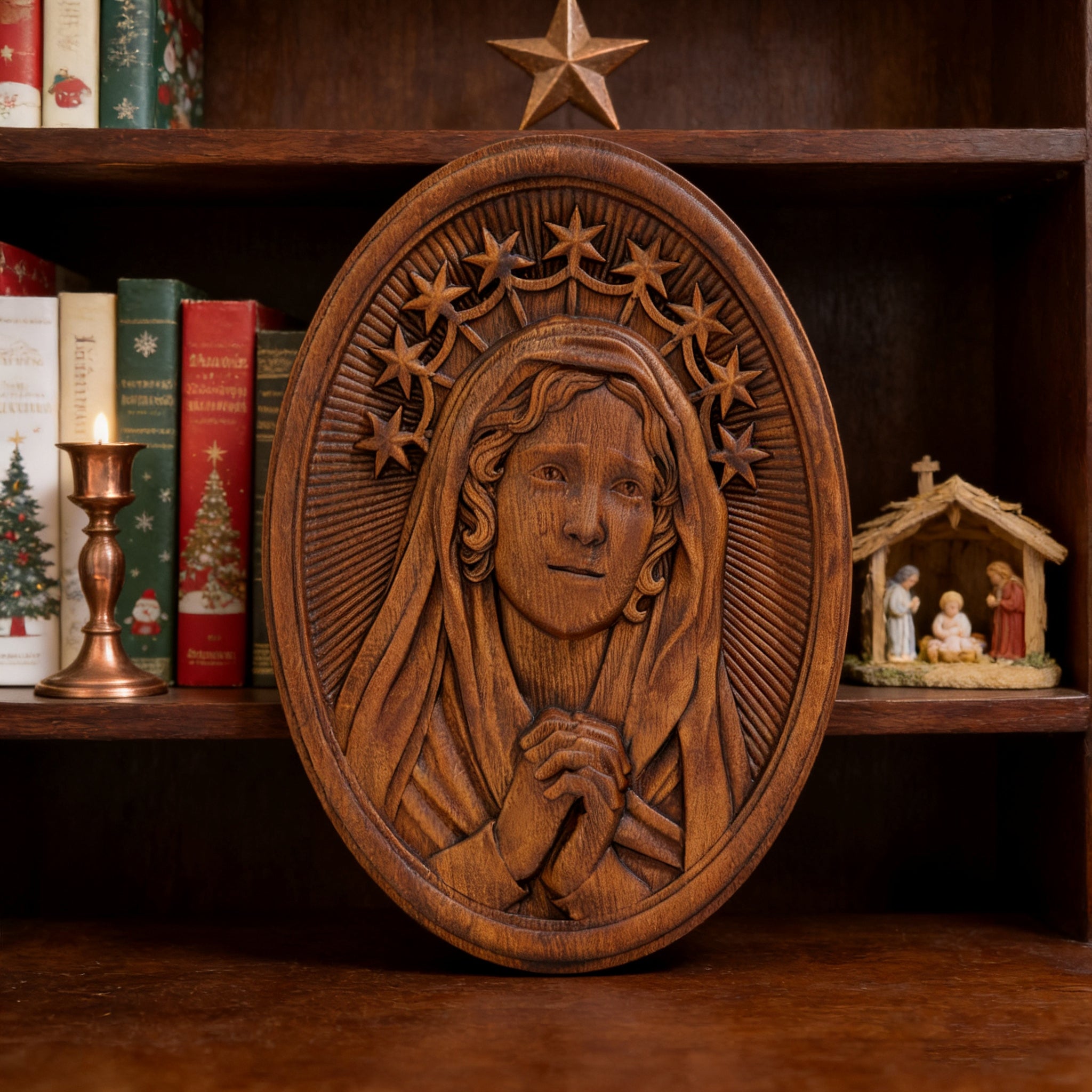 Our Lady in Tears and Prayer with a Nine-Star Halo — Hand-Carved Beechwood Statue