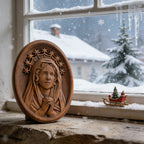 Our Lady in Tears and Prayer with a Nine-Star Halo — Hand-Carved Beechwood Statue