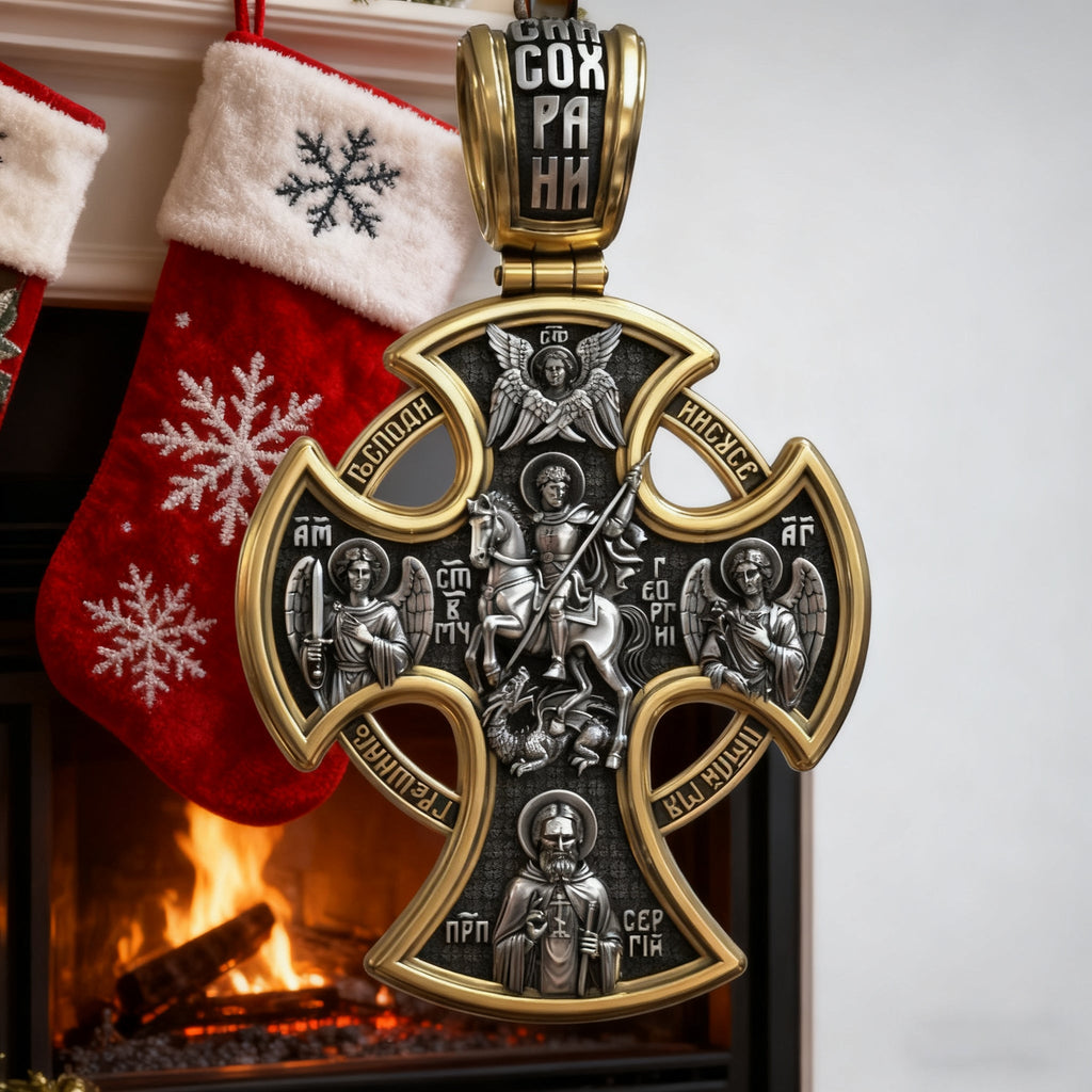 Double-sided S925k silver pendant depicting the Passion of Christ and St. George slaying the dragon.