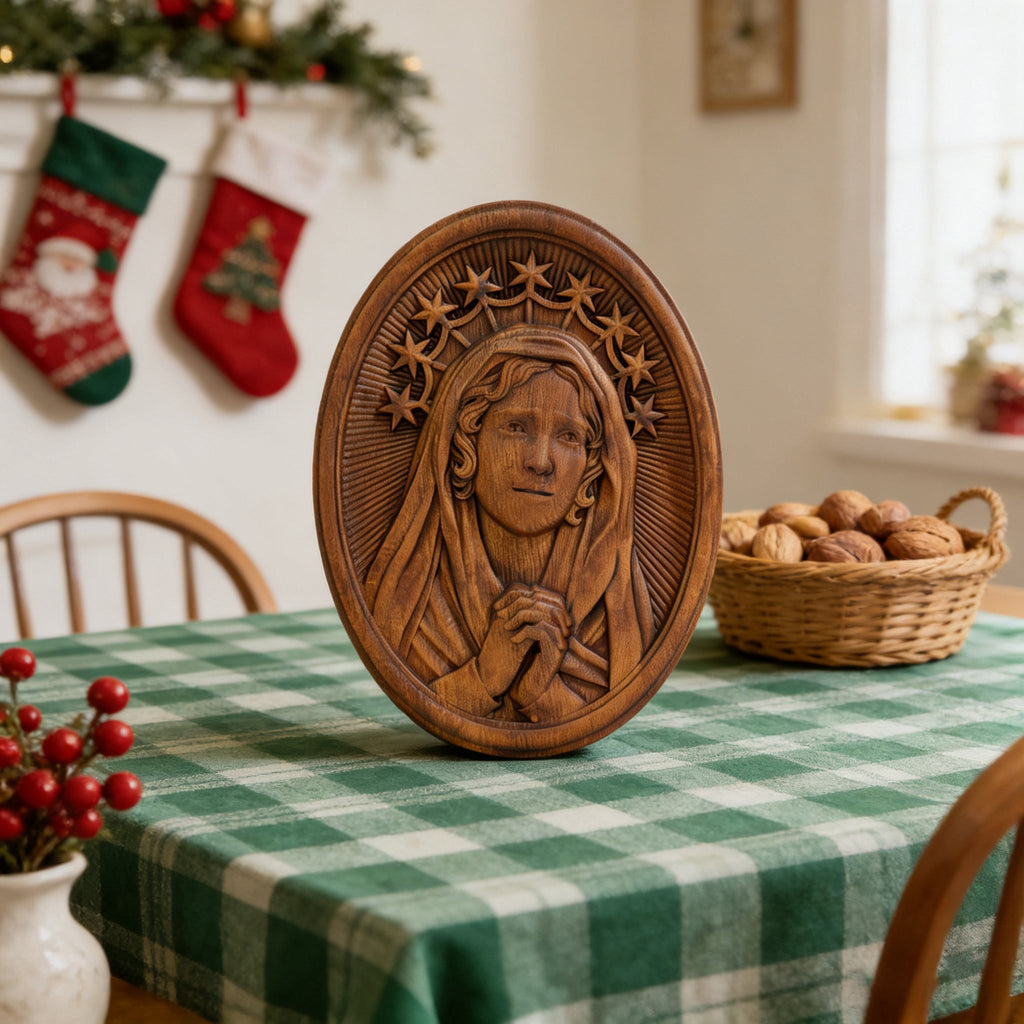 Our Lady in Tears and Prayer with a Nine-Star Halo — Hand-Carved Beechwood Statue